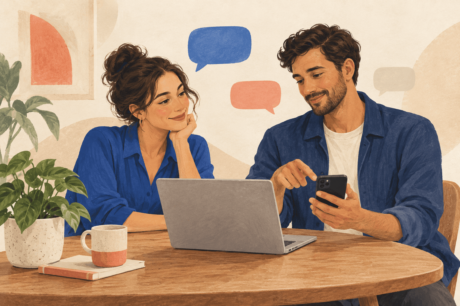 Ilustración de dos compañeros colaborando entre conversaciones y mensajes